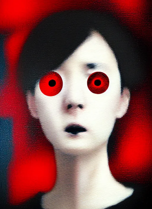 Prompt: red, white and black color palette, yoshitaka amano blurred and dreamy realistic three quarter angle portrait of a young woman with short hair and black eyes wearing office suit with tie, junji ito abstract patterns in the background, satoshi kon anime, noisy film grain effect, highly detailed, renaissance oil painting, weird portrait angle, blurred lost edges