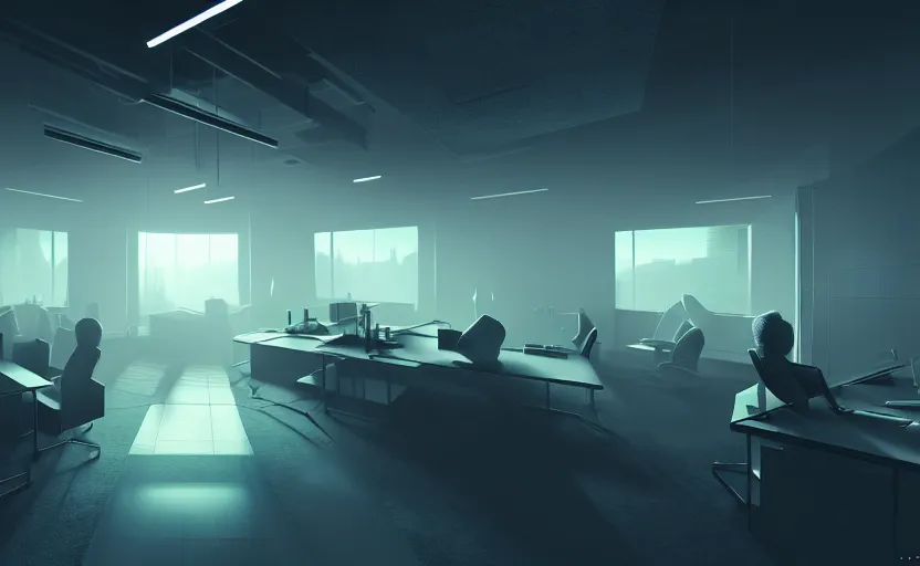 Image similar to office, horror scene, fluorescent lighting, beautiful volumetric-lighting-style atmosphere, futuristic atmosphere, intricate, detailed, photorealistic imagery, artstation