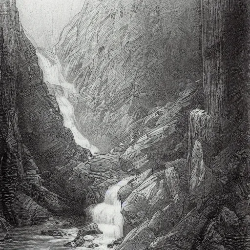 Image similar to waterfall scene, gustave dore lithography