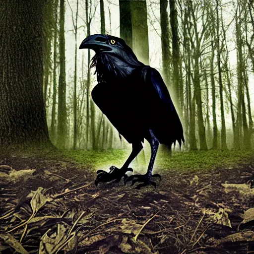 Image similar to werecreature consisting of a human and crow, photograph captured in a forest