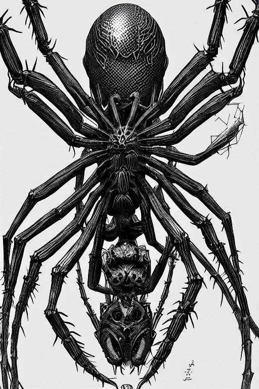 Prompt: spider humanoid figure monster, symmetrical, highly detailed, digital art, sharp focus, trending on art station, kentaro miura manga art style