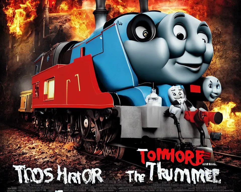 Image similar to a horror movie poster featuring Thomas The Tank Engine