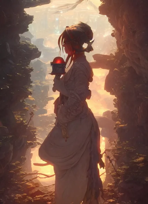 Image similar to highly detailed alchemist by a pill stove, stephen bliss, unreal engine, wuxia art by greg rutkowski, loish, rhads, ferdinand knab, makoto shinkai and lois van baarle, ilya kuvshinov, rossdraws, tom bagshaw, alphonse mucha, global illumination, radiant light, detailed and intricate environment