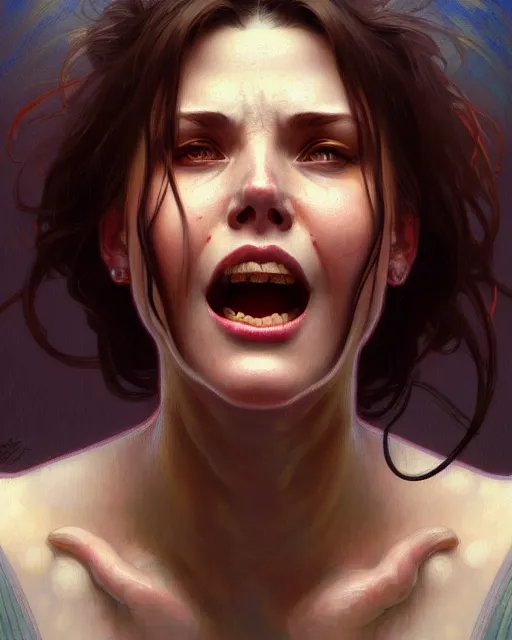 Prompt: portrait of megan screaming, intricate, headshot, highly detailed, digital painting, artstation, concept art, sharp focus, cinematic lighting, illustration, art by artgerm and greg rutkowski, alphonse mucha, cgsociety