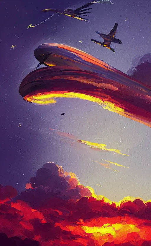 Prompt: a beautiful illustration of an airship burning in the sky at night, art of alena aenami, featured on artstation, vertical orientation, paint brush strokes, expressionism, brushstroke - laden, breathtaking clouds, birds, ocean, beautiful stars, long exposure, big moon radius, airy midnight theme, blue purple gradient, lens flare, flames and ember