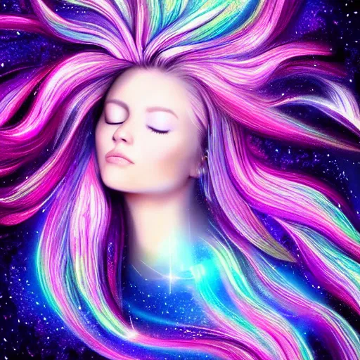 Image similar to portrait of a beautiful girl with iridescent translucent hair, her eyes are closed, hair is floating, digital art, ethereal, galaxy swirls, space