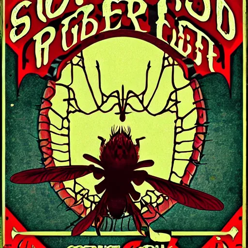 Image similar to so where were the spiders while the fly tried to break our bones with just the beer light to guide us so we bitched about his fans and should we crush his sweet hands, inspired by art nouveau rock posters