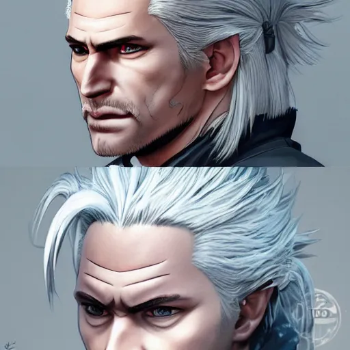 Image similar to well drawn animation portrait Anime Geralt of Rivia Sharp fine face, realistic shaded Perfect face, fine details. Anime realistic shaded lighting by katsuhiro otomo ghost-in-the-shell, magali villeneuve, artgerm, rutkowski Jeremy Lipkin and Giuseppe Dangelico Pino and Michael Garmash and Rob Rey