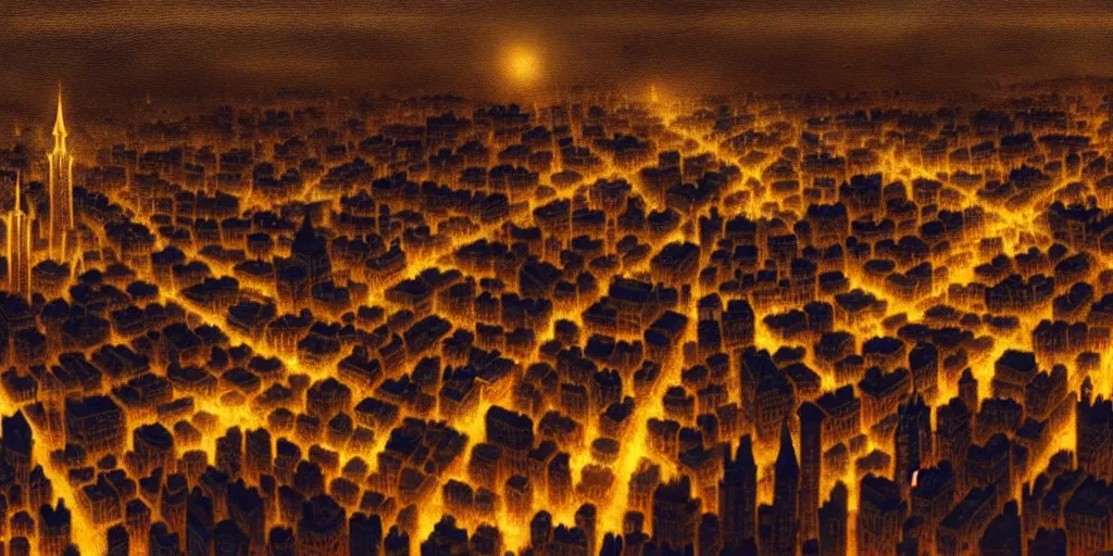 Image similar to magical city of the Great Tartarian Empire adorned with amazing lost technology, lights resembling fireflies, spires from rooftops collecting and distributing etheric energy, cityscape seen at night from above, combining intense detail & utmost quality, Christian Hecker, Artstation, - H 832