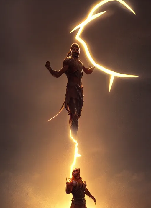 Prompt: god of light holding a lightning bold, dramatic lighting, slight bokeh on background, cinematic, portrait shot, extremely high detail, foto realistic, cinematic lighting, post processed, concept art, artstation, matte painting, blizzard studio, wow, style by eddie mendoza, raphael lacoste, alex ross