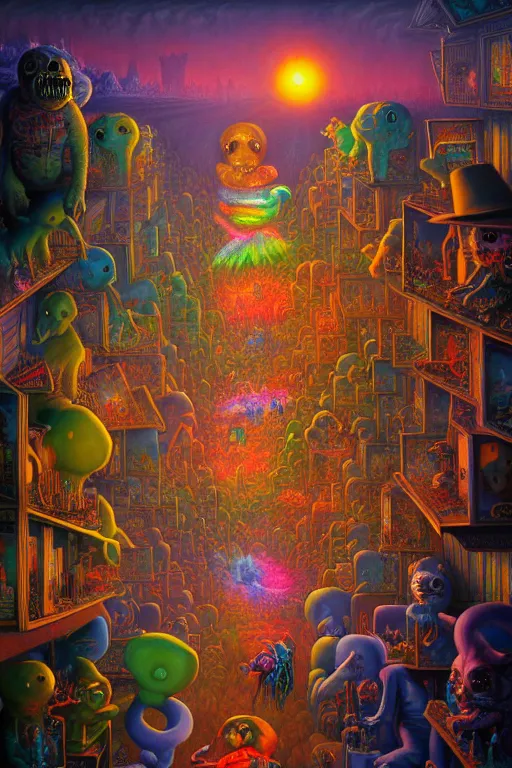 Prompt: a photorealistic painting of an isometric nightmare at the toy store horror by johfra bosschart, lisa frank, dark fantasy art, high detail, trending on artstation