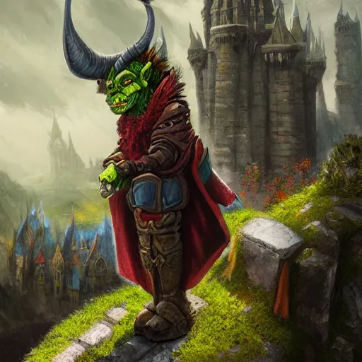 Prompt: goblin wizard, oil painting, dramatic, robed warrior, green orc with horns, castle in background, stone brick background, ultra realistic, artstation award, fantasy, concept art, powerful pose