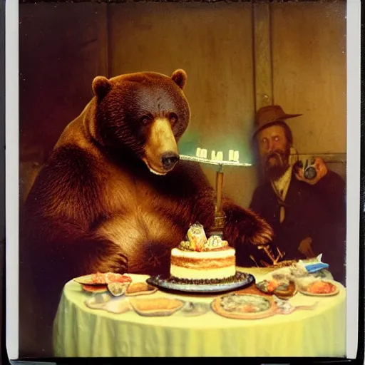 Prompt: polaroid photo of a bear eating cake at his 7 0's birthday at a zoo, highly detailed painting by gaston bussiere, craig mullins, j. c. leyendecker