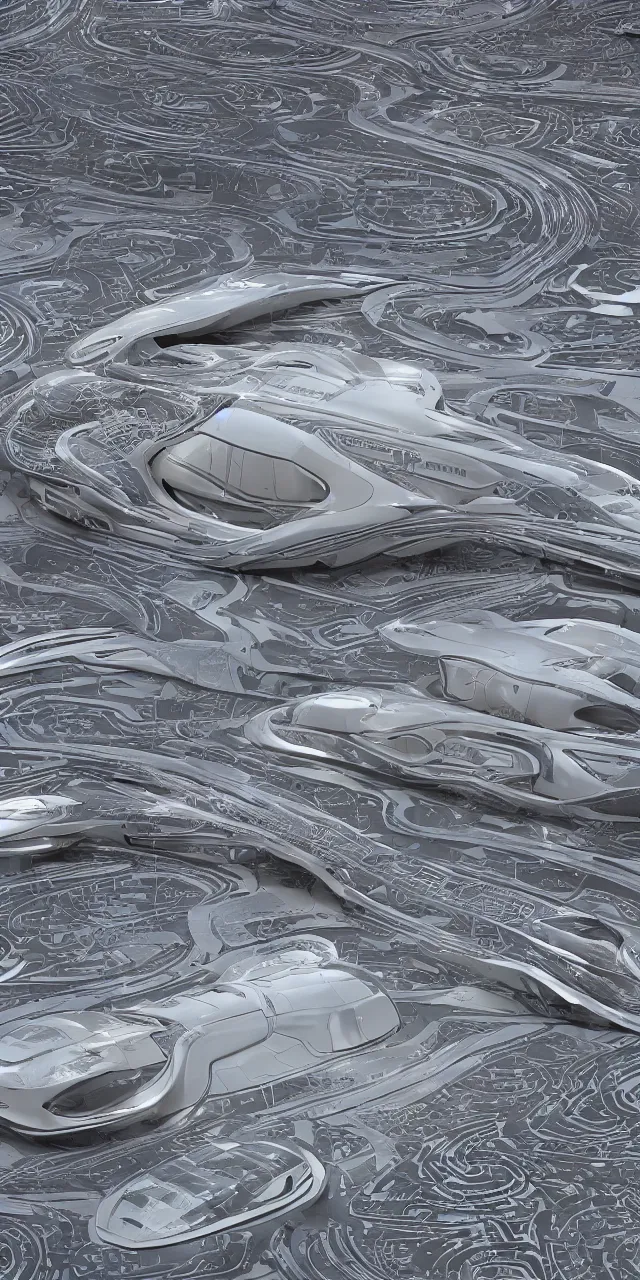 Image similar to A seamless pattern of futuristic sci-fi organic car by zaha hadid, khyzyl saleem, futuristic sci-fi organic car Daniel Simon design in the blade runner 2049 film, seamless pattern, Octane render in Maya and houdini, vray, large motifs, ultra high detail ultra realism, unreal engine, 4k in plastic dark tilt shift