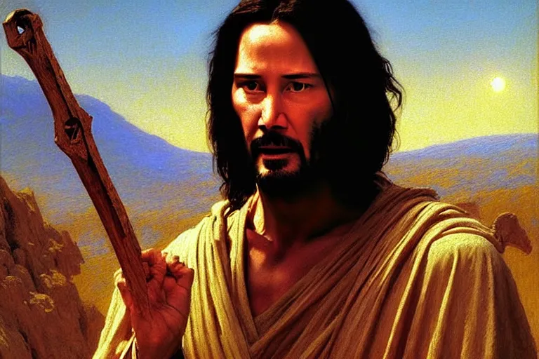 Image similar to keanu reeves as jesus christ in “ the last temptation of christ ” ( 1 9 8 8 ). oil painting in the style of edward hopper and ilya repin gaston bussiere, craig mullins, j. c. leyendecker. warm colors. detailed and hyperrealistic. concept art