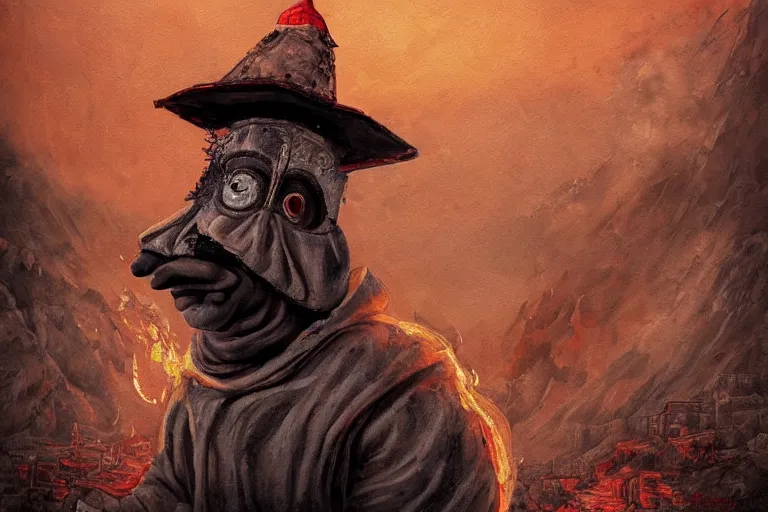 Image similar to a highly detailed pulcinella!!! from naples, pizza!!!, volcano, black sky, smoke, fire lava, post - apocalyptic vibe, full body, wide angle, an ultrafine detailed painting by rivorio mok, trending on deviantart, whimsical, lowbrow, perfect symmetrical face, sharp focus, octane, masterpiece