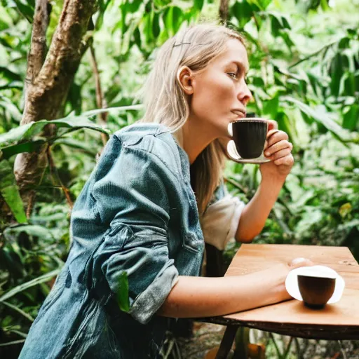 Prompt: woman drinking coffee in jungle, good lighting