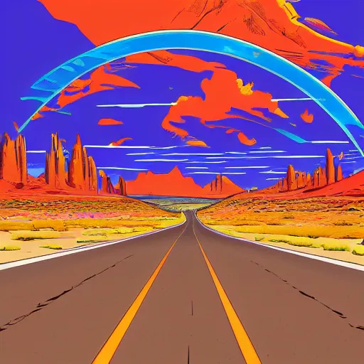 Image similar to !dream Utah desert Highway, retro, desert highway, retro colors, bold colors, drawn by Arthur Adams, 8k, digital art, artstation