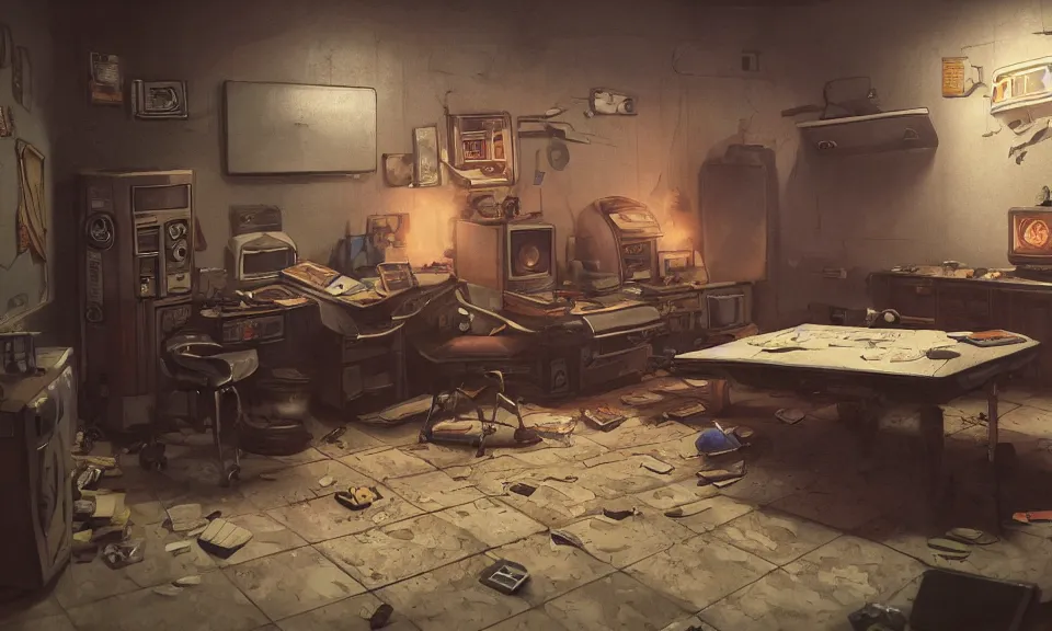 Prompt: artstation scifi scene of a shabby american room in 1 9 7 0 s, shabby room, old tv, tile floor, a fat man plays dungeons and dragons with ghost ， cabinets, cot, paneled walls, unreal engine 5, hyper realism, realistic shading, cinematic composition, blender render, octane render, hdr, detailed textures, photorealistic, wide shot