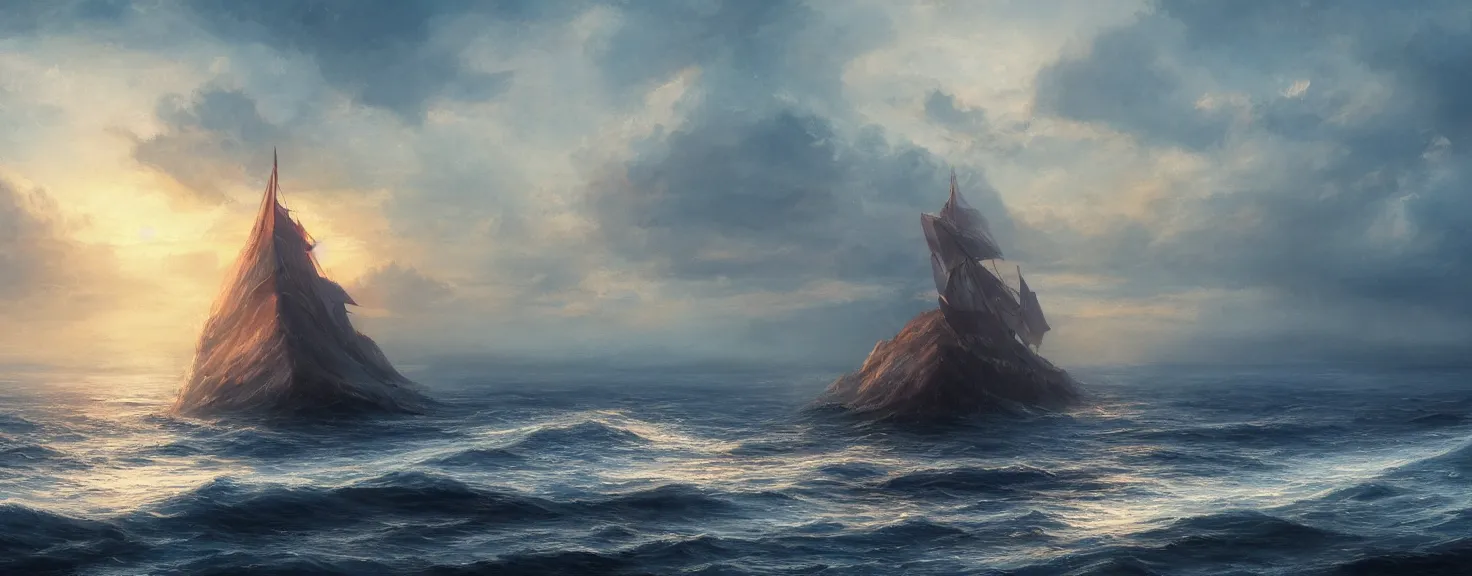 Prompt: A lonely ship at sea, magic summer, trending on artstation, 50mm, by Noah Bradley