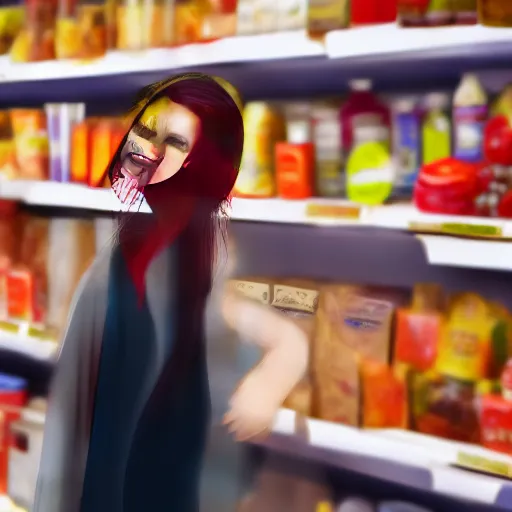 Image similar to a vampire shopping in a grocery store full of bags of blood, realistic,