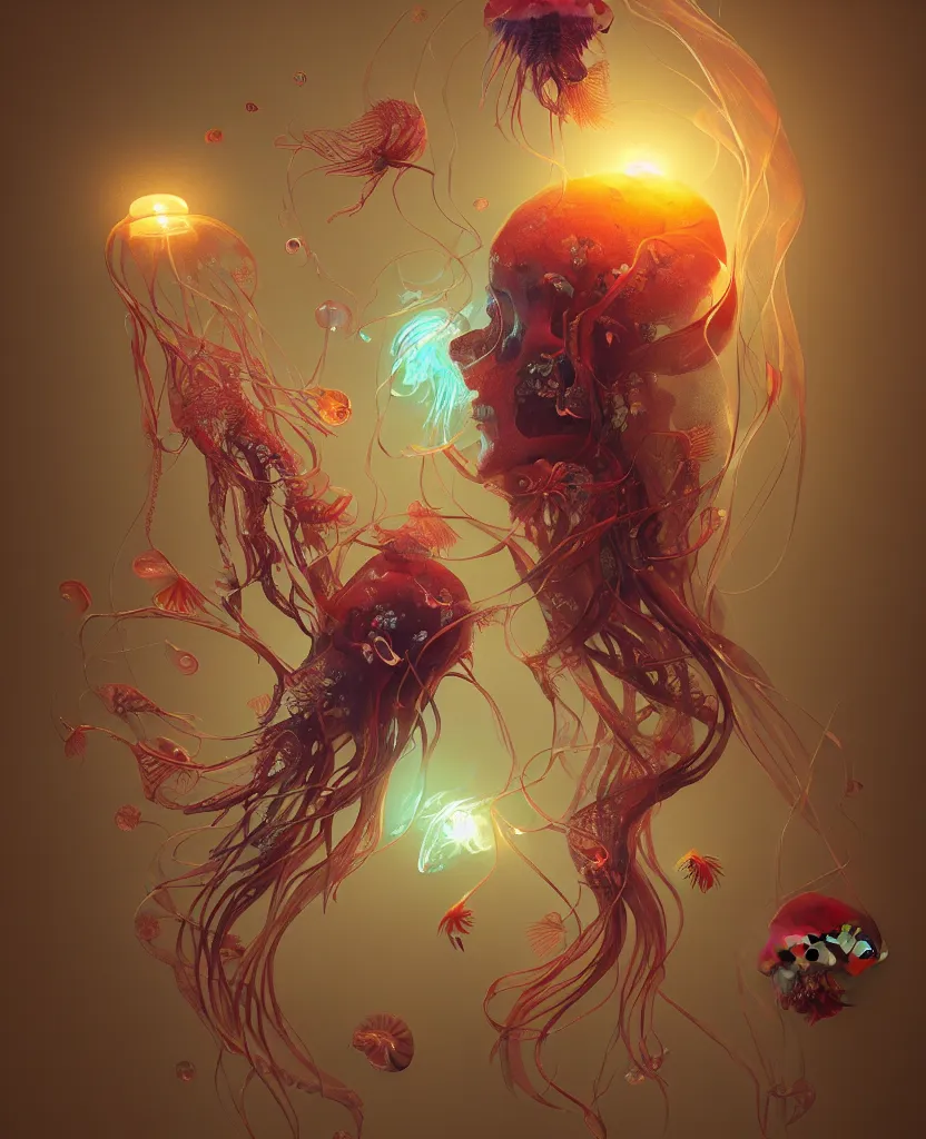 Image similar to human thorax, jellyfish phoenix head, nautilus, orchid, skull, betta fish, bioluminiscent creatures, intricate artwork by Tooth Wu and wlop and beeple. octane render, trending on artstation, greg rutkowski very coherent symmetrical artwork. cinematic, hyper realism, high detail, octane render, 8k