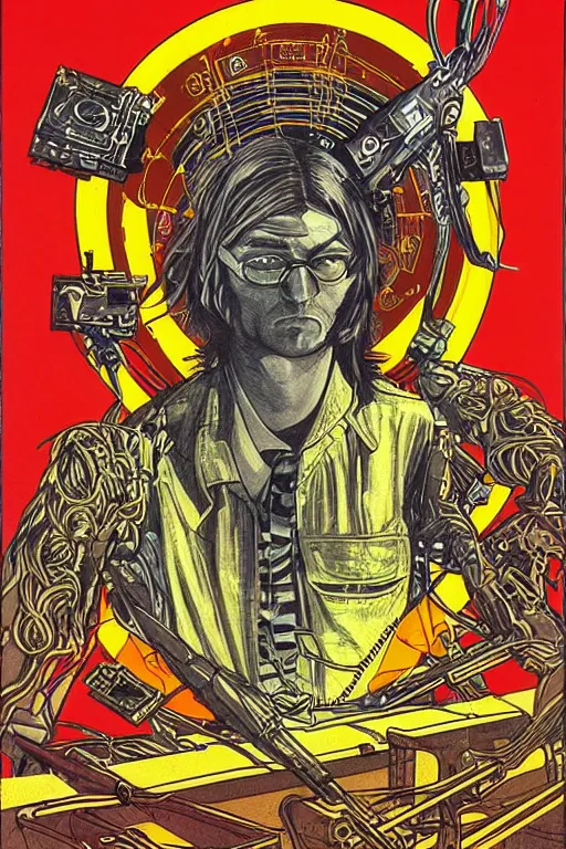 Prompt: Kurt cobain, cyberpunk, retro vintage art, cool, tarot card, 90s, nomad, street style, symmetrical, 2d matte illustration, Stanisław Szukalski + Moebius,