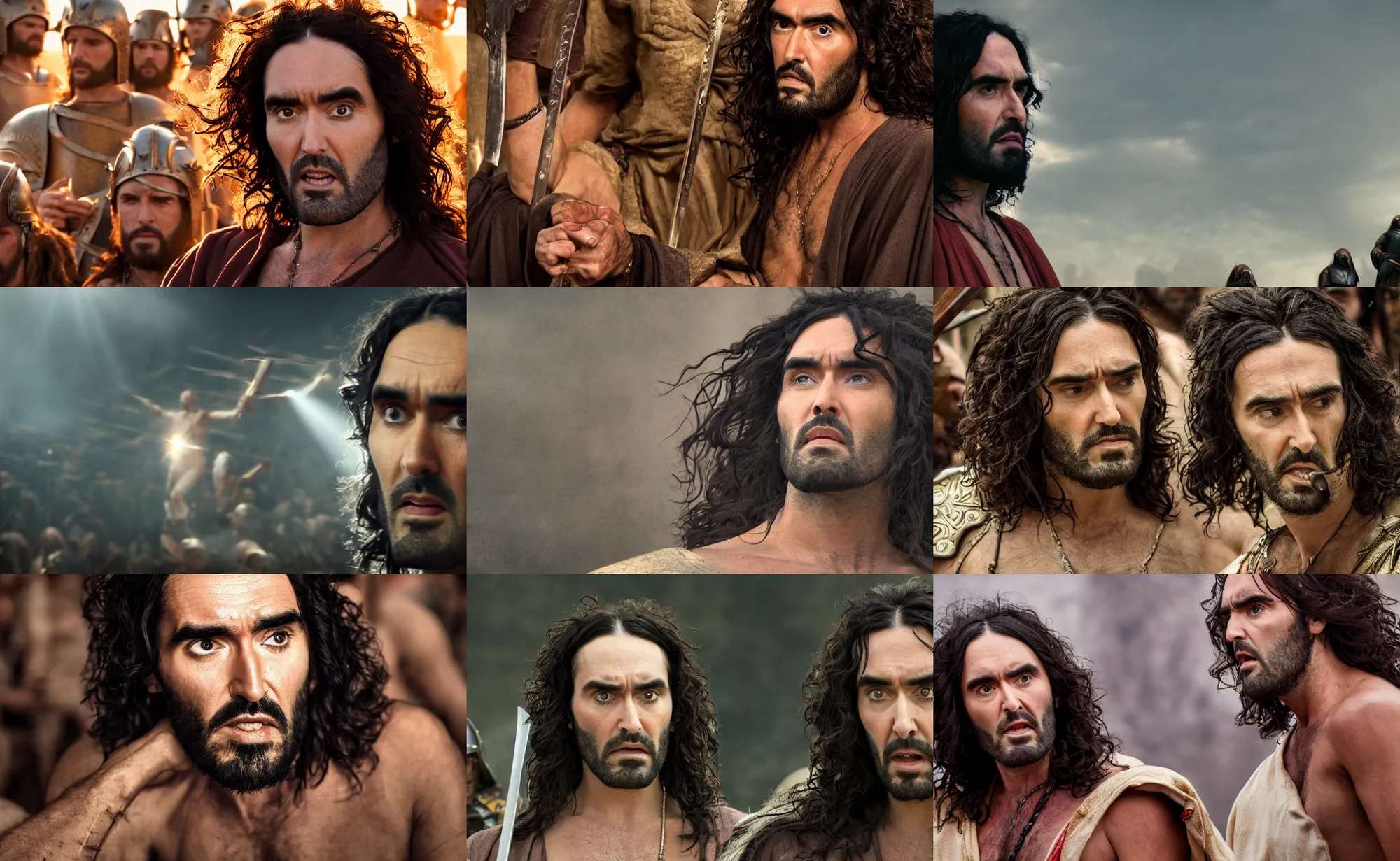 Prompt: cinematic close up artwork of russell brand in a robe meditating while medieval warriors fight in a battle by greg rutowski, 4 k, sun rays, masterpiece