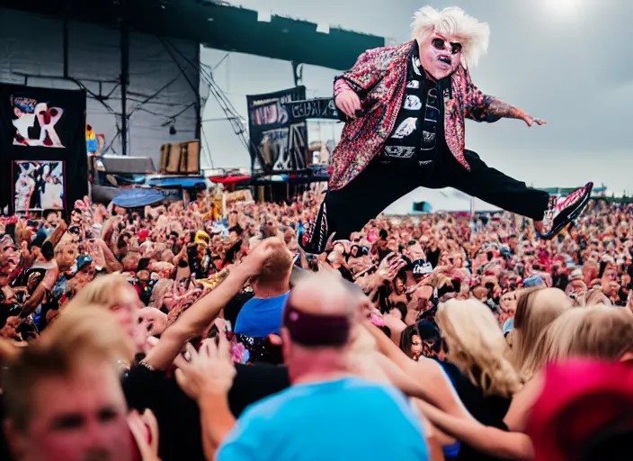 Image similar to photo still of rip taylor at vans warped tour!!!!!!!! at age 6 3 years old 6 3 years of age!!!!!!! stage diving at a crowd, 8 k, 8 5 mm f 1. 8, studio lighting, rim light, right side key light