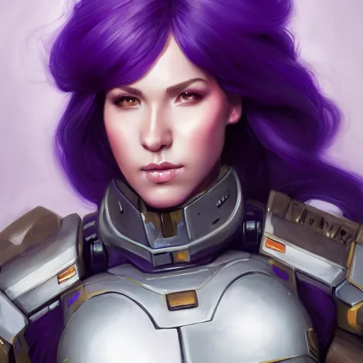 Prompt: a portrait of a very beautiful woman in battletech elemental clanner clan battle armor, Alexandria\'s genesis, chin-length purple hair, bored, illustration, soft lighting, soft details, painting oil on canvas by mark arian by artgerm, trending on artstation, 4k, 8k, HD