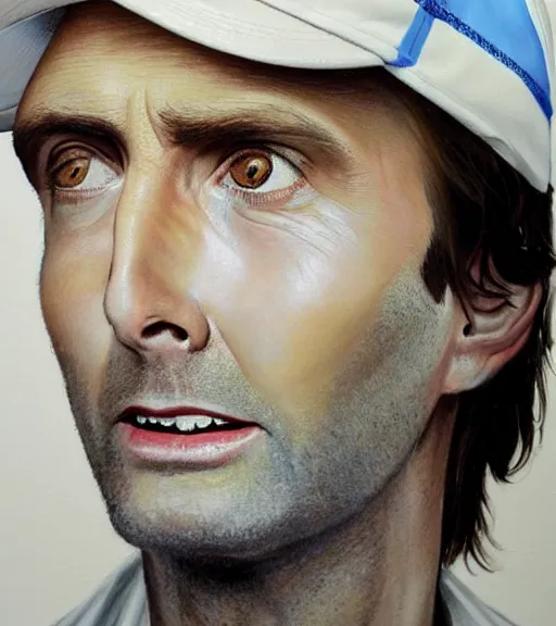 Image similar to portrait of david tennant as a golfer, white cap, beige and blue overstich, very detailed eyes, hyperrealistic, very detailed painting by Glenn Fabry, by Joao_Ruas