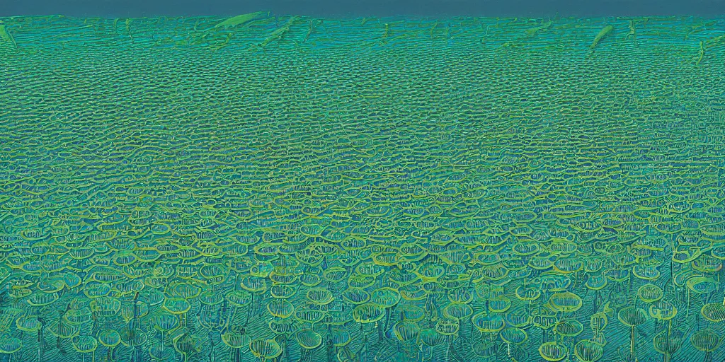 Image similar to Artwork by Tim White of the aerial view of a forest of giant diatoms.