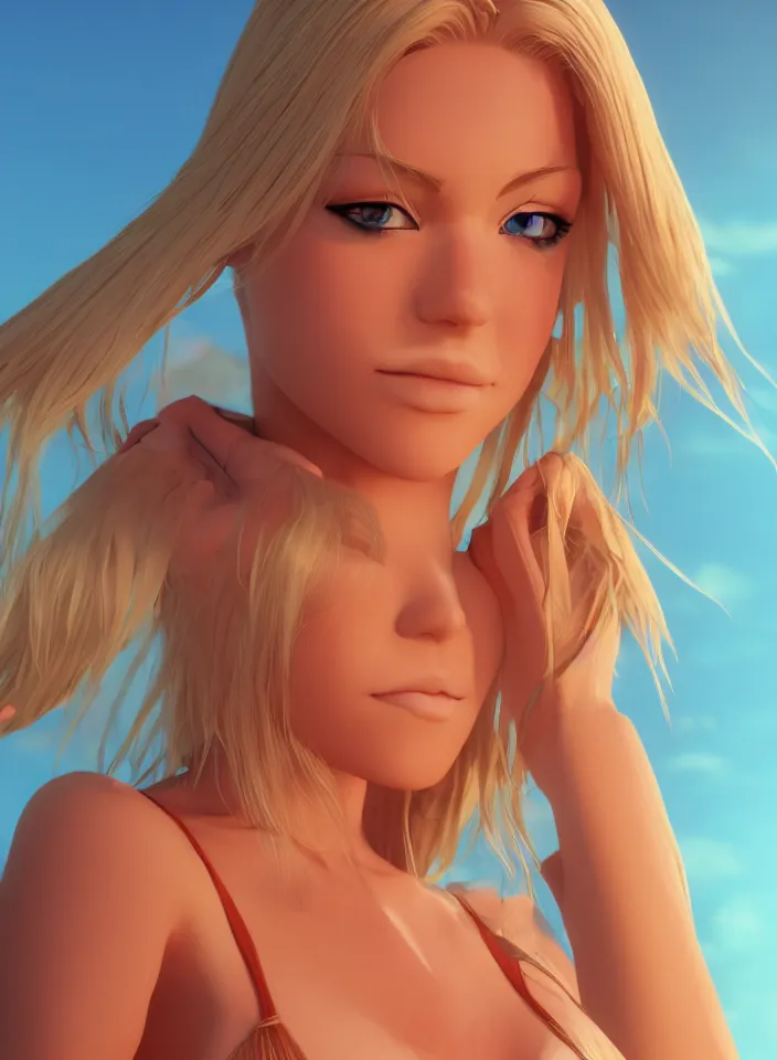 Image similar to beautiful blond woman in orange tribal bikini, blond hair pulled back off the face, green eyes, by makoto shinkai, 8 k, high resolution render, cinematic, unreal engine, clean lineart and flat color,
