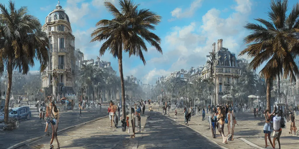 Prompt: the beautiful city of paris rebuilt near the pacific ocean in sunny california, amazing weather, sandy beach, palm trees, splendid haussmann architecture, digital painting, highly detailed, intricate, concept art, matte painting, trending on artstation