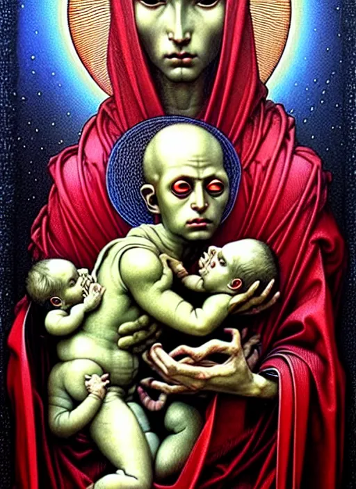 Prompt: realistic detailed 8k photo of futuristic holy cyborg-mother holding a newborn baby child in hands by Raphael Santi, orthodox icon Neo-Gothic, gothic, rich deep colors. Beksinski painting, art by Takato Yamamoto. masterpiece