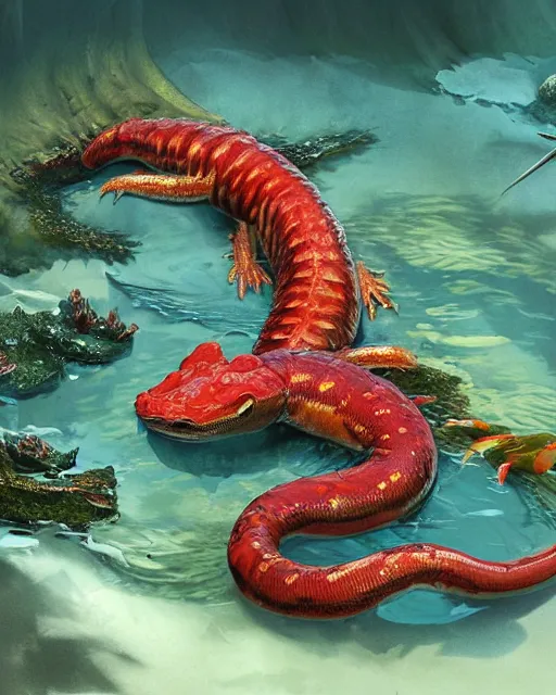 Prompt: game character beautiful giant kaiju sized pond serpent half fish half salamander, wet amphibious skin, red salamander, axolotl creature, koi pond, korean village by Ruan Jia and Gil Elvgren, fullbody