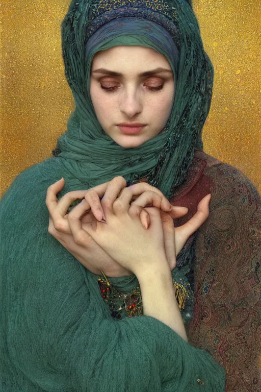 Image similar to 8k Portrait of a Beautiful sad Arabic female, sad green eyes, beautiful Porcelain skin, no hands, elegant, jewellery, digital painting, Pre-Raphaelites, highly detailed, concept art, cinematic lighting, smooth, sharp focus, gold, red and indigo, illustration, art by Klimt zdislav beksinski Alphonse Mucha.