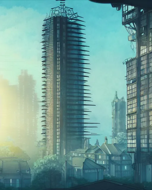 Image similar to a beautiful very detailed anime illustration of architecture unfinished building city manor nature industrial architecture by cesar pelli, bladerunner 2 0 4 9 retro morning sun, archdaily, wallpaper, highly detailed, trending on artstation.