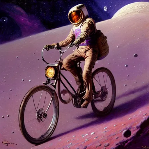 Image similar to a giant purple squid riding bicycle on the moon. highly detailed painting by gaston bussiere, greg rutkowski, j c leyendecker 8 k