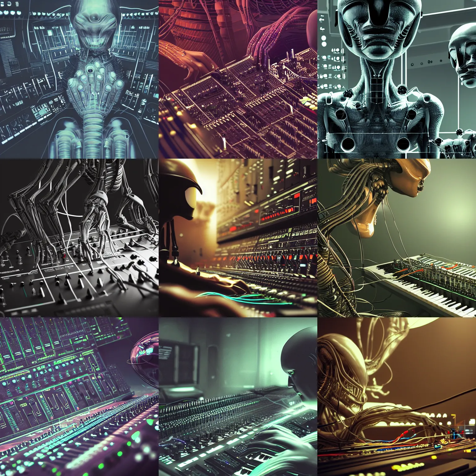 Prompt: Alien Humanoid Music Producer, human using analogy synthesis, Playing Analogue Modular Synthesizers, Cables Everywhere, CGSociety, depth of field, highly detailed, cinematic