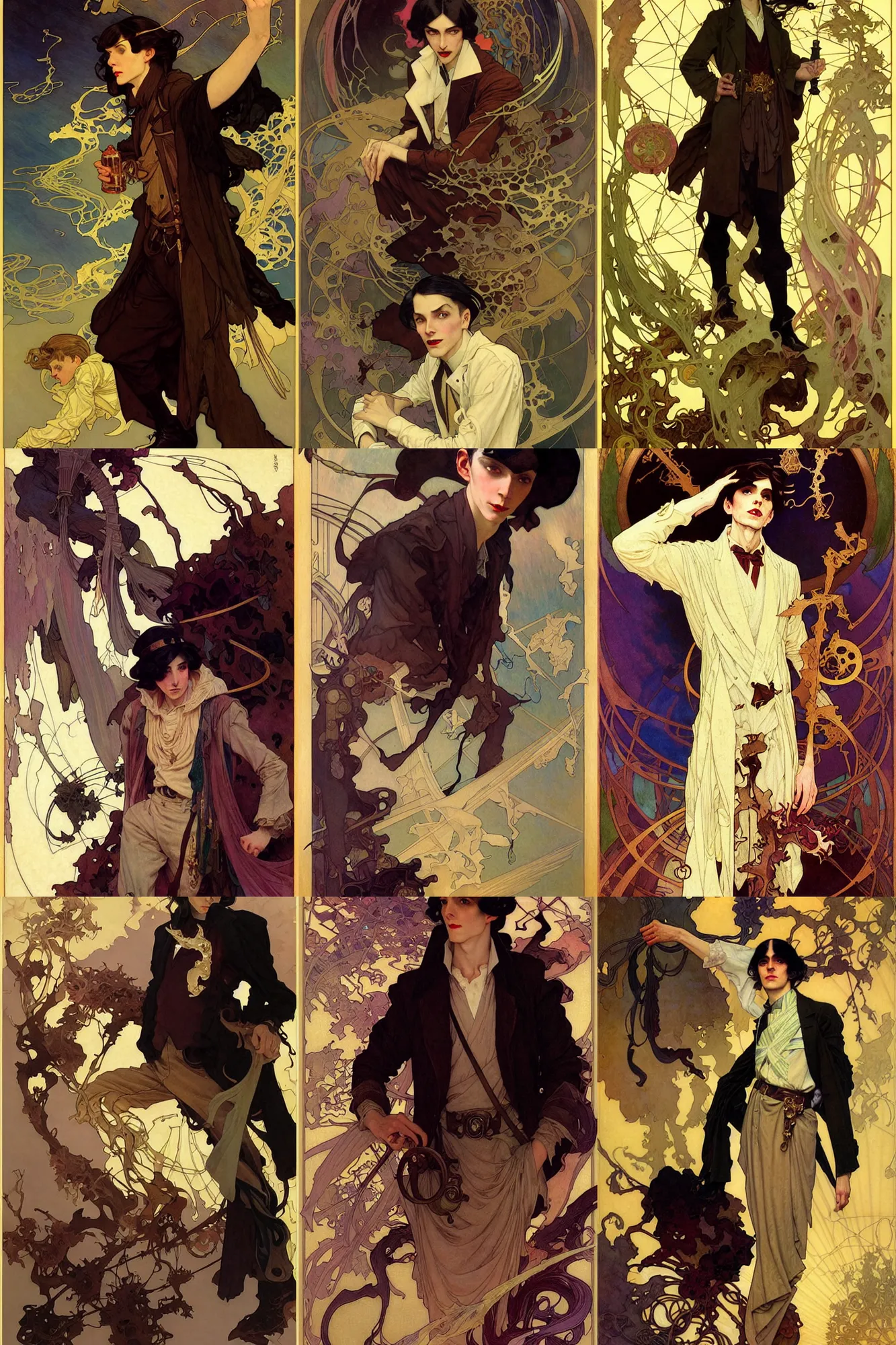 Prompt: thin young male alchemist, long dark hair, 1 9 2 0 s fashion, fantasy, art by joseph leyendecker, peter mohrbacher, ruan jia, finnian macmanus, marc simonetti, ayami kojima, vasnetsov, cedric peyravernay, alphonse mucha, victo ngai