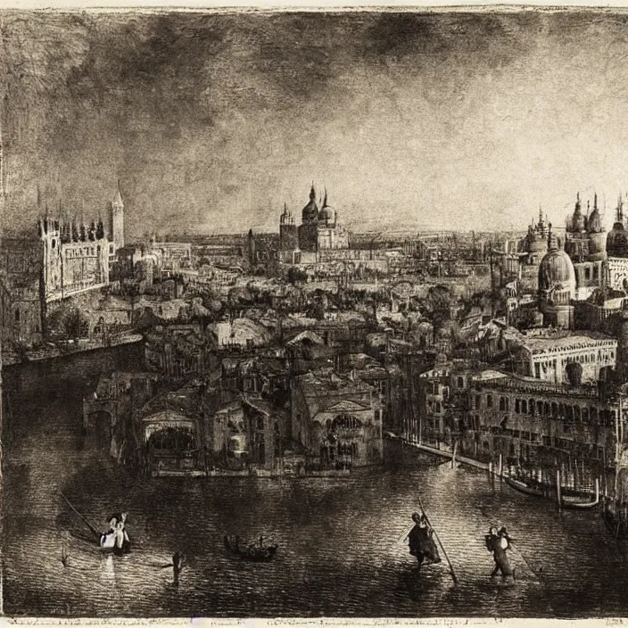 Prompt: Harry Potter and Hermione fly on a broomstick over venice, by Rembrandt,