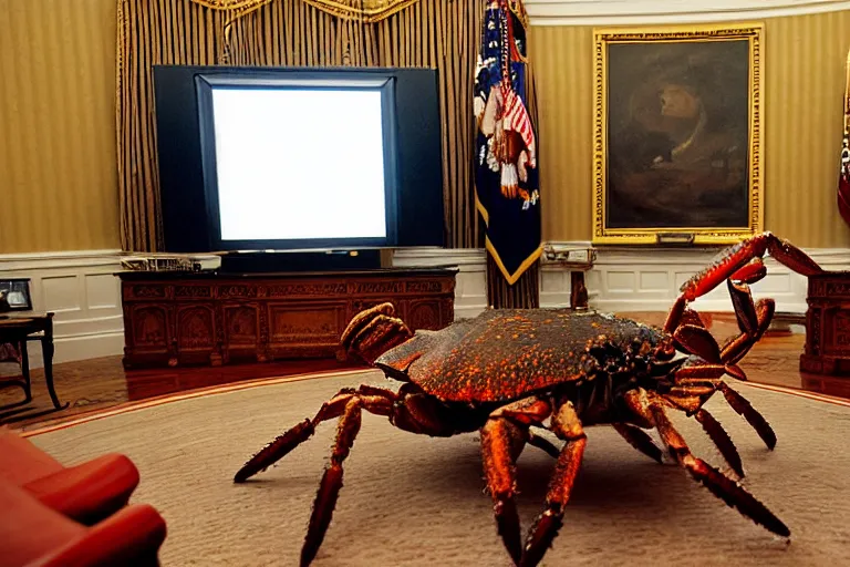 Image similar to giant crab attacking the oval office, in 2 0 1 2, bathed in the the glow of a crt television, low - light photograph, photography by tyler mitchell