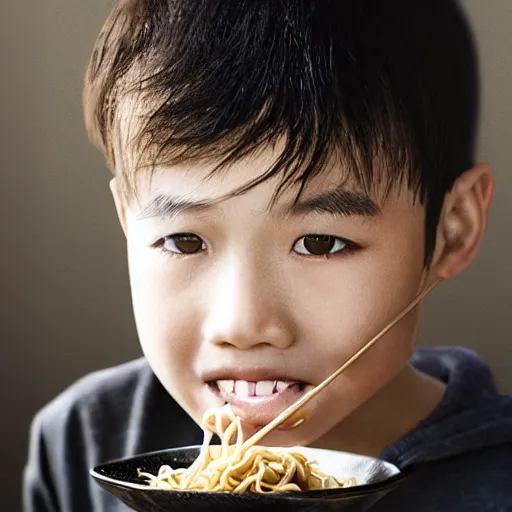 Prompt: a photorealistc digital art of a young asian boy eating noodles, award winning photography, trending on artstation