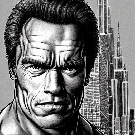 Image similar to portrait arnold schwarzenegger by yusuke murata and masakazu katsura, artstation, highly - detailed, cgsociety, pencile and ink, city in the background, dark colors, intricate details h 7 0 4