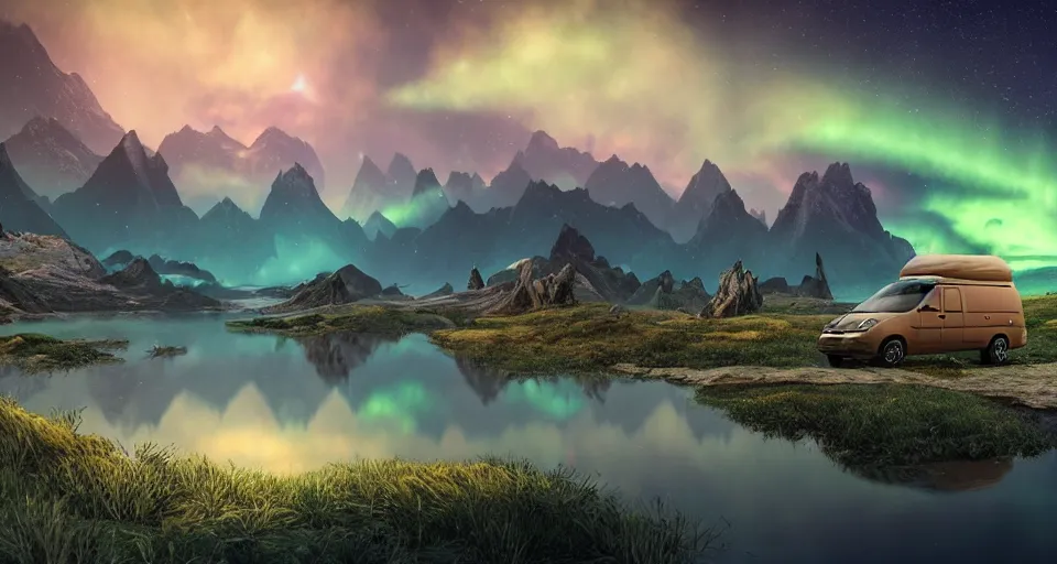 Prompt: An epic fantasy style landscape painting of a Mountainrange and a lake, with a starry sky and breathtaking aurora and a beige Volkswagen Caddy Campervan 4x4, unreal 5, DAZ, hyperrealistic, octane render, volumetric clouds dynamic lighting
