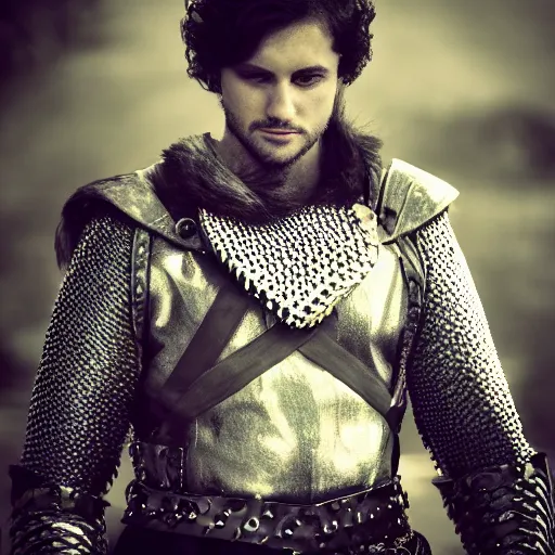 Prompt: sad prince charming in chainmail, medium portrait shot, portrait, cinematic, moody light, fairytale style.