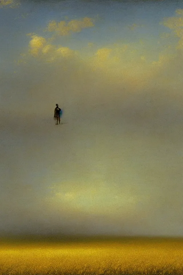 Image similar to the back view of one small terminator robot, standing in the middle of yellow wheat fields, looking at some gargantuan tall buildings by Ivan Aivazovsky, golden ratio