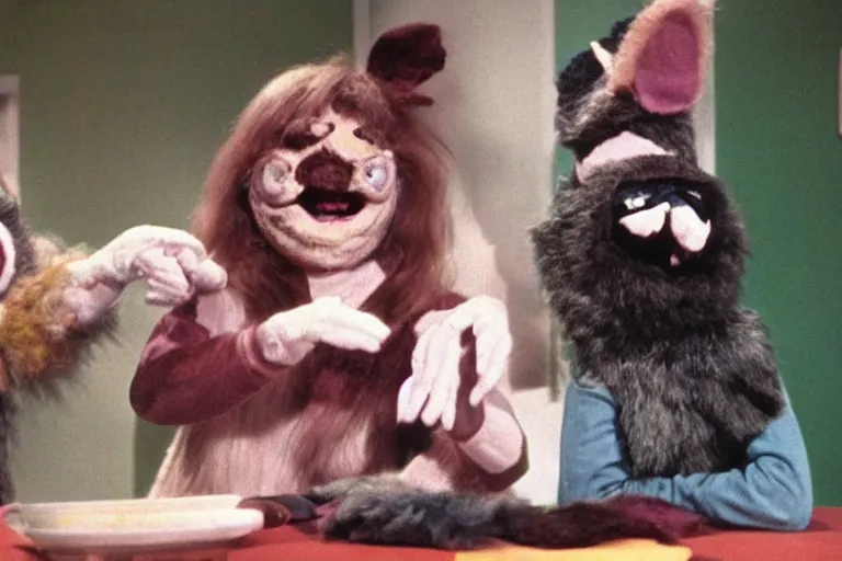 Image similar to a glitchy frame from a horrific live action 1 9 7 9 kids show about unnatural furry puppets