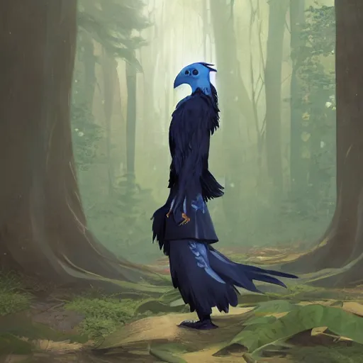 Image similar to concept art painting of an anthropomorphic albino raven wearing dark blue robes, in the deep forest, realistic, detailed, cel shaded, in the style of makoto shinkai and greg rutkowski and james gurney